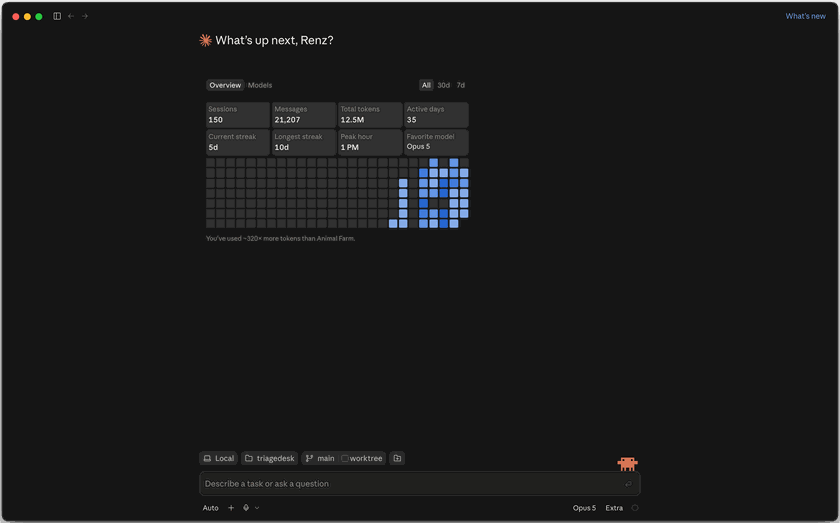 the claude code desktop app, showing usage stats above a task input