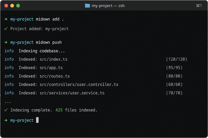 a terminal running midown add and midown push