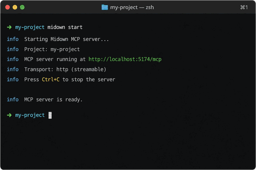 a terminal running midown start